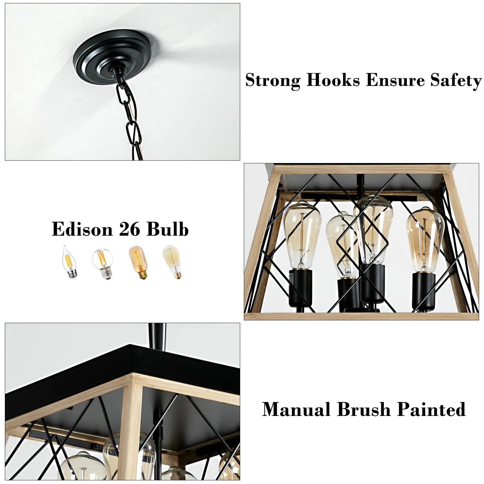 Industrial Retro Iron & Wood 4-Light Chandelier E26 Base Pendant Lighting for Dining Room Kitchen Living Room