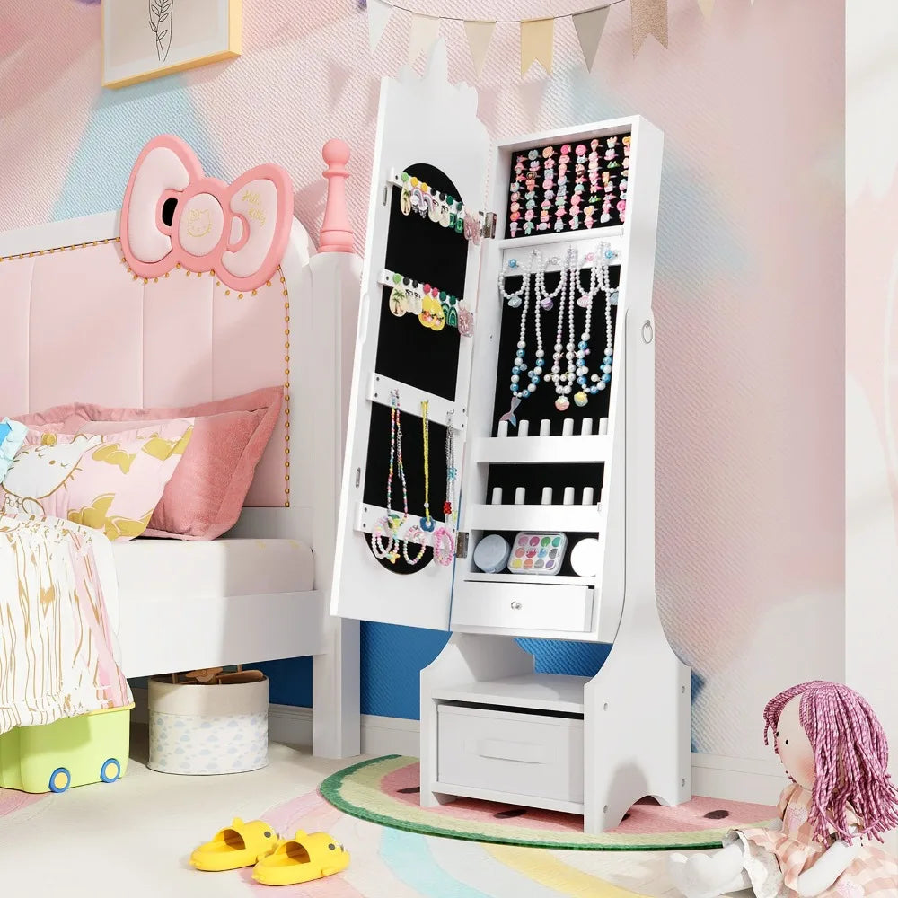 Kids Jewelry Cabinet w/ Full-Length Mirror 2 Adjustable Tilt Angles Drawer White