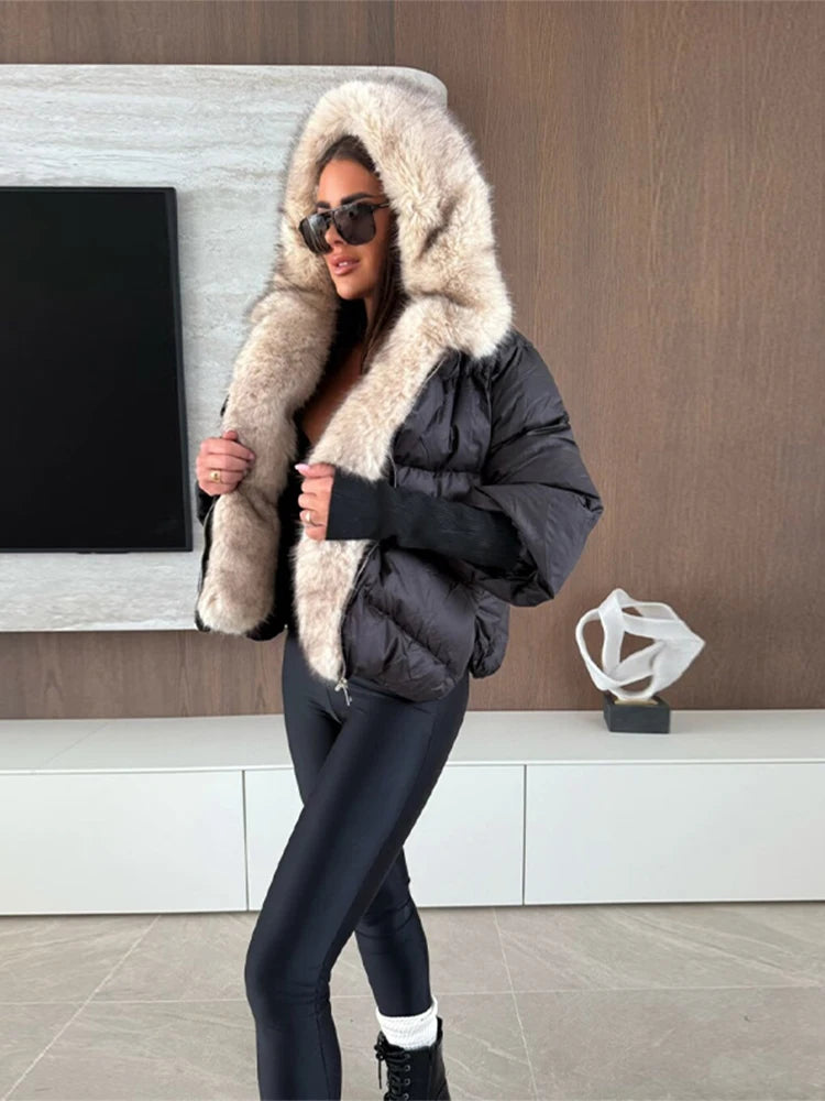 Women Faux Fur Patchwork Padded Jacket Warm Daily Hooded Zipper Cropped Coat Lady New Winter Elegant Fashion Street Outwear 2025