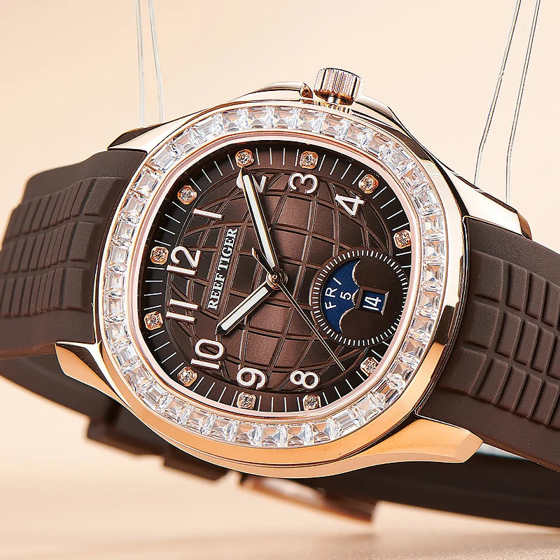 reef tiger Men's Mechanical Watch, Fully automatic multi-functional Double calendar Business men's watch, Business men's clock R