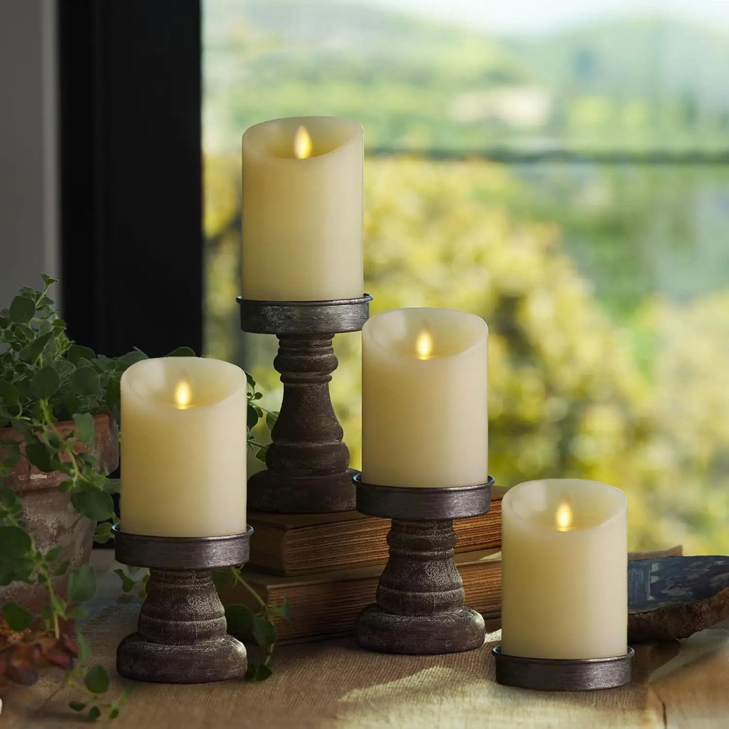 Flameless LED Flickering Pillar Candles, Ivory Pack of 4, Realistic Moving Flame for Indoor/Outdoor Decor