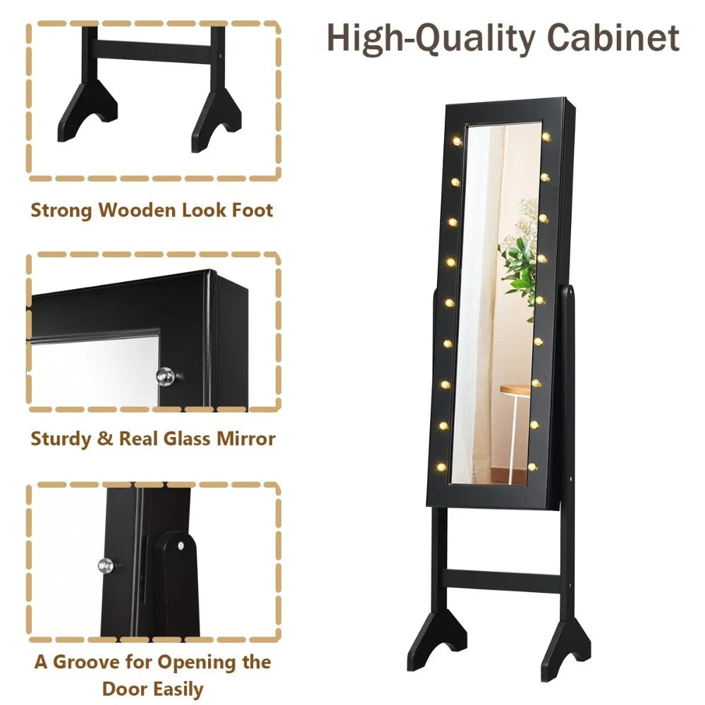 Full Length Mirror Jewelry Organizer Vanity Box w/ 18 LED Lights Black