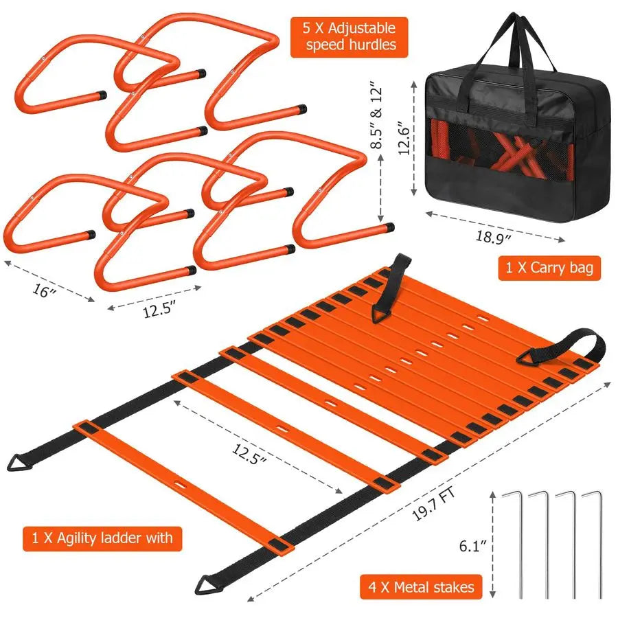 Agility Training Equipment 5 Adjustable Hurdles, 6 Soccer Agility Poles, 2 Agility Ladder, 10 Cones, Jump Rope