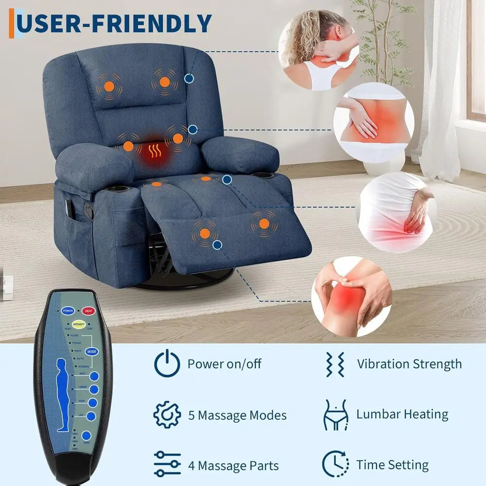 Oversized Wide Recliner Chair-Heat and Vibration Massage, 360° Swivel Rocker Chair or Adults,Chenille abric Manual Recliner with