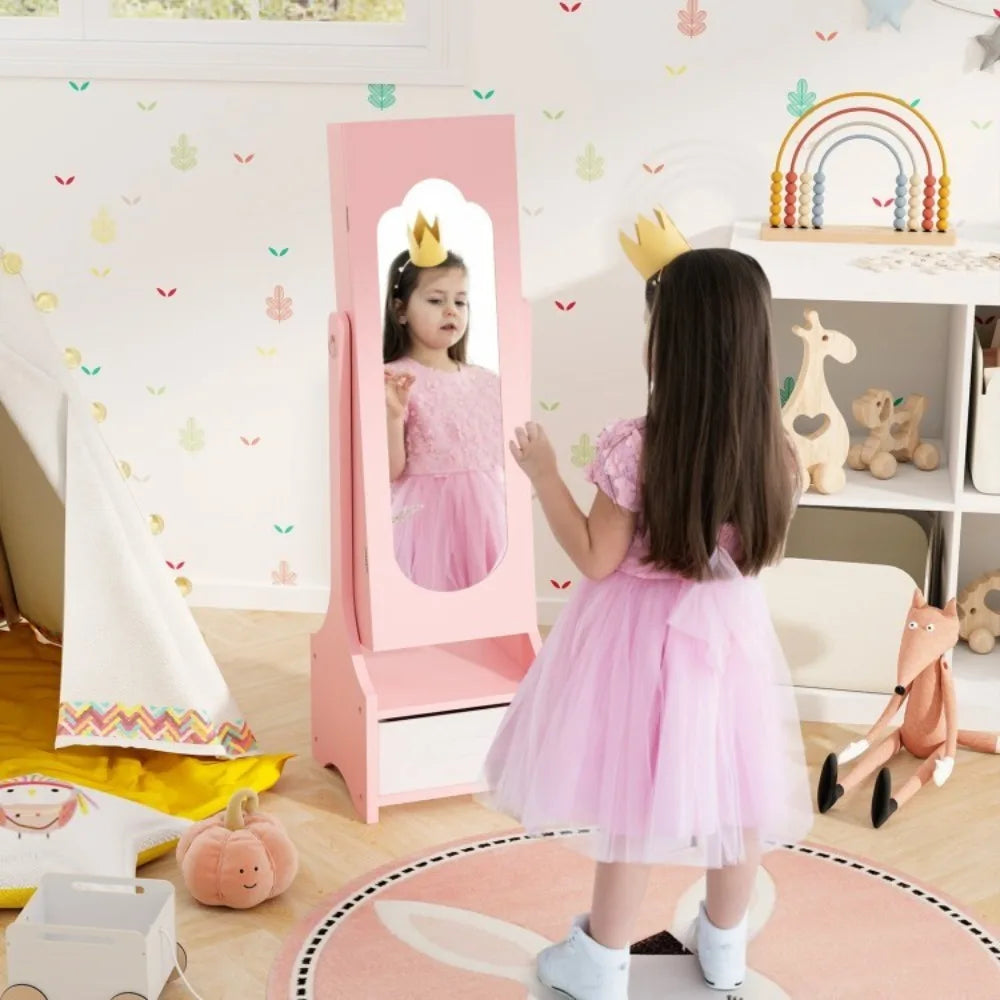 Freestanding Kids Jewelry Organize Armoire Cabinet w/Storage and 2 Tilt Angles