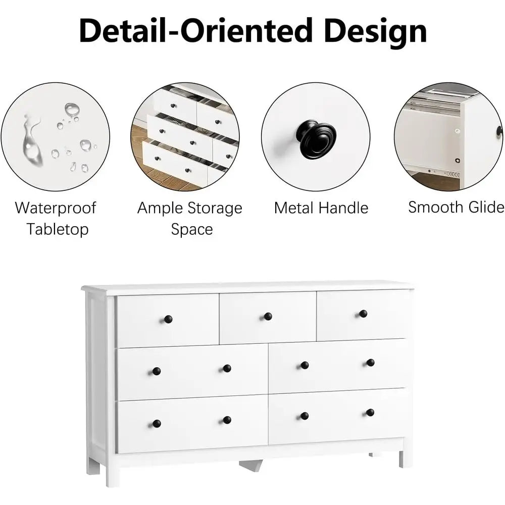 White Wooden Dresser with Metal Handles and Wide Drawers for Bedroom, Living Room, or Hallway Storage