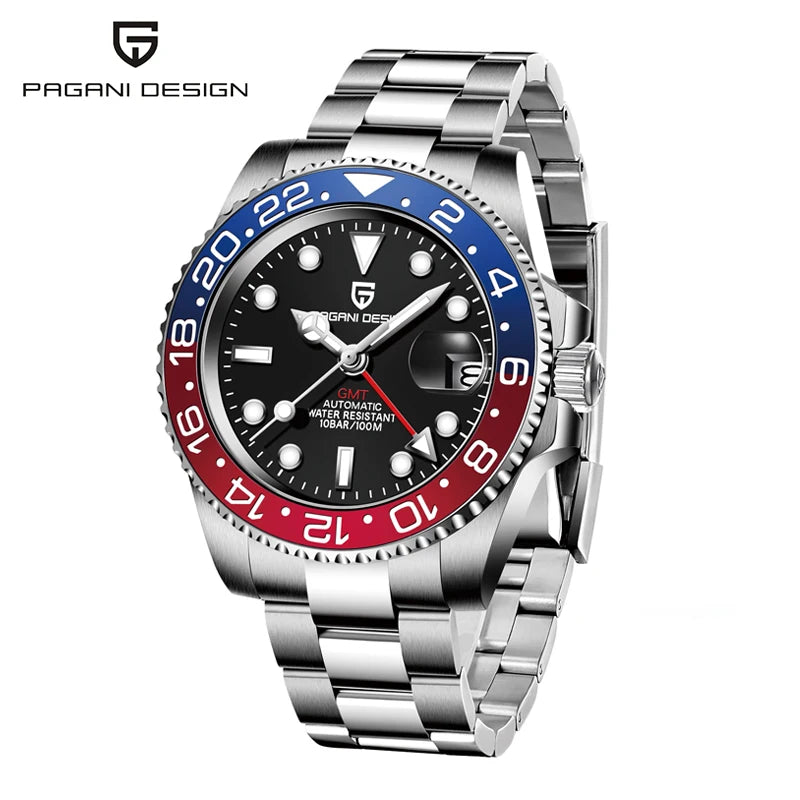 New PAGANI DESIGN GMT Automatic Wristwatch Stainless Steel 100M Waterproof Watch Top Brand 40mm Mechanical luminous Watch Men