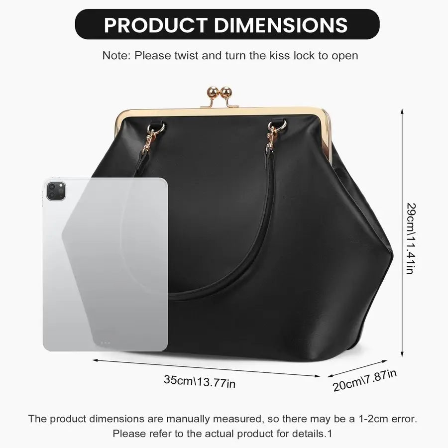 Womens Kiss Lock Bag PU Medium Top Handle Handbags Kiss Clasp Shoulder Bags Tote Purse Messenger Clutch