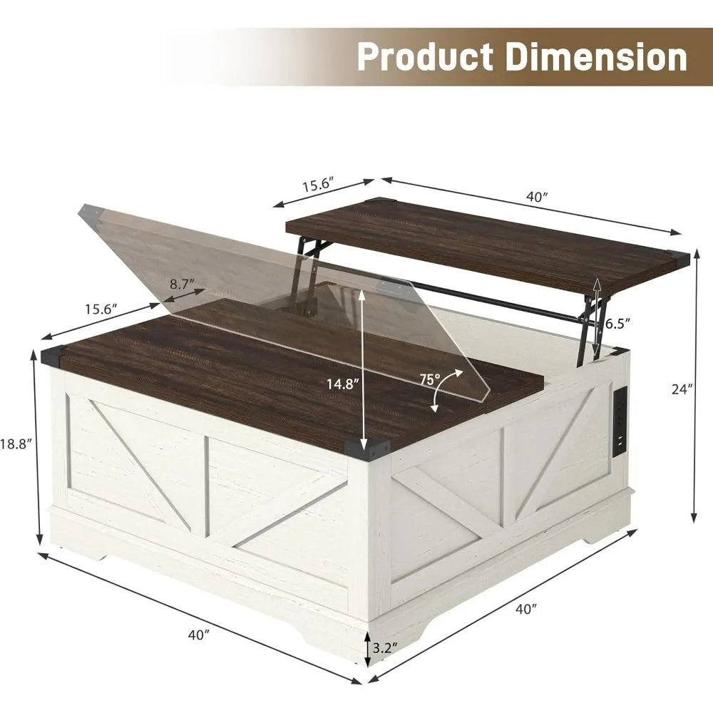 40” Large Farmhouse Lift Top Coffee Table with Power Outlets and Large Hidden Storage, Square Wood Living Room Tables, Multi-Fun
