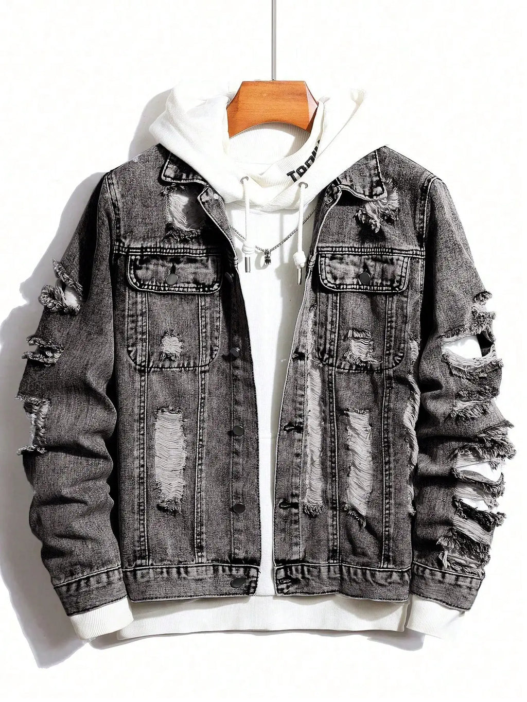 Men's Distressed Ripped Denim Jacket with Button Front, Casual Long Sleeve