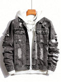 Men's Distressed Ripped Denim Jacket with Button Front, Casual Long Sleeve