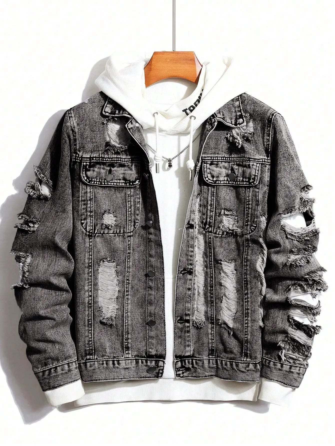 Men's Distressed Ripped Denim Jacket with Button Front, Casual Long Sleeve