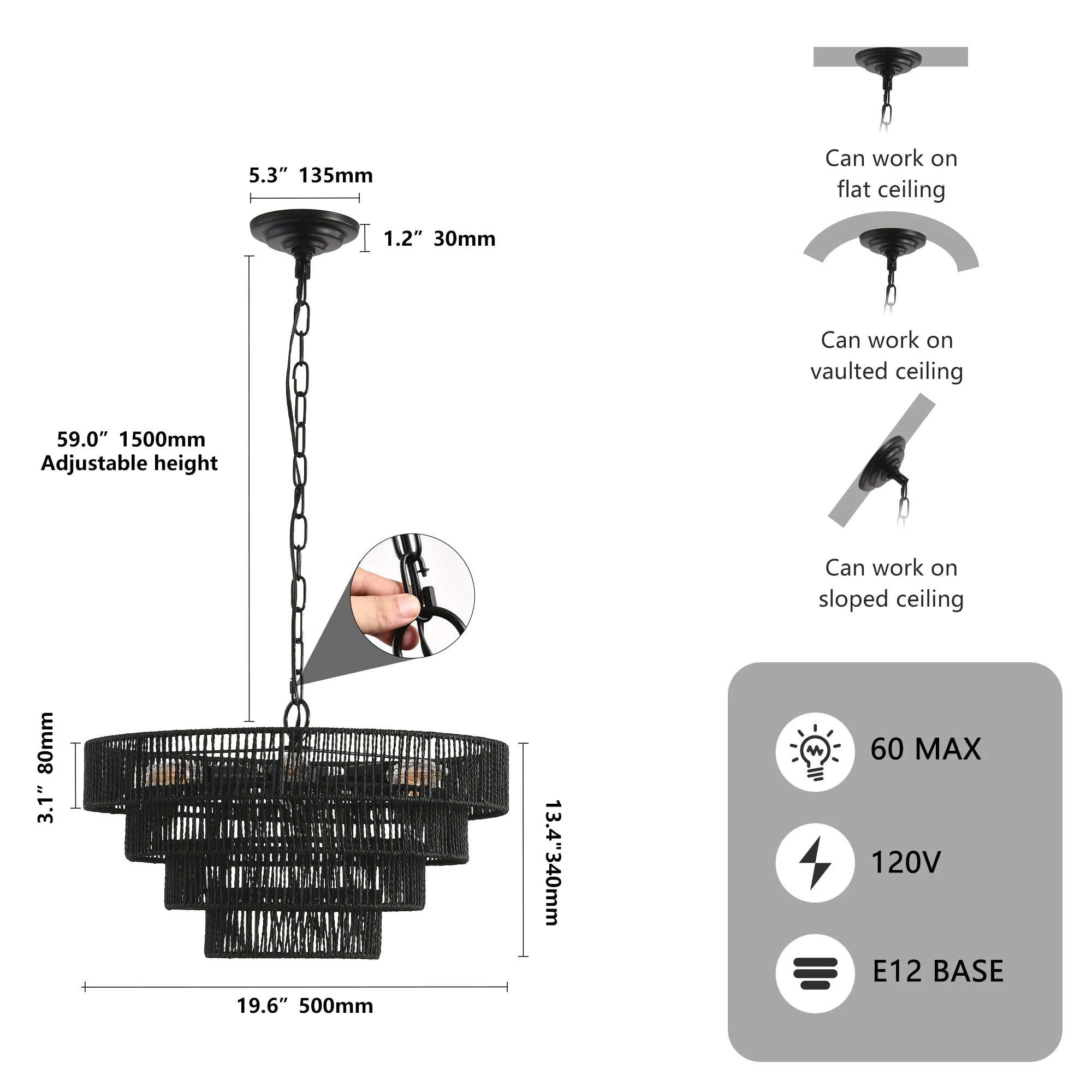 Stylish Modern Bohemian Multi-Layer Paper String Chandelier | Iron Frame Adjustable Height Ceiling Light for Dining/Living Room