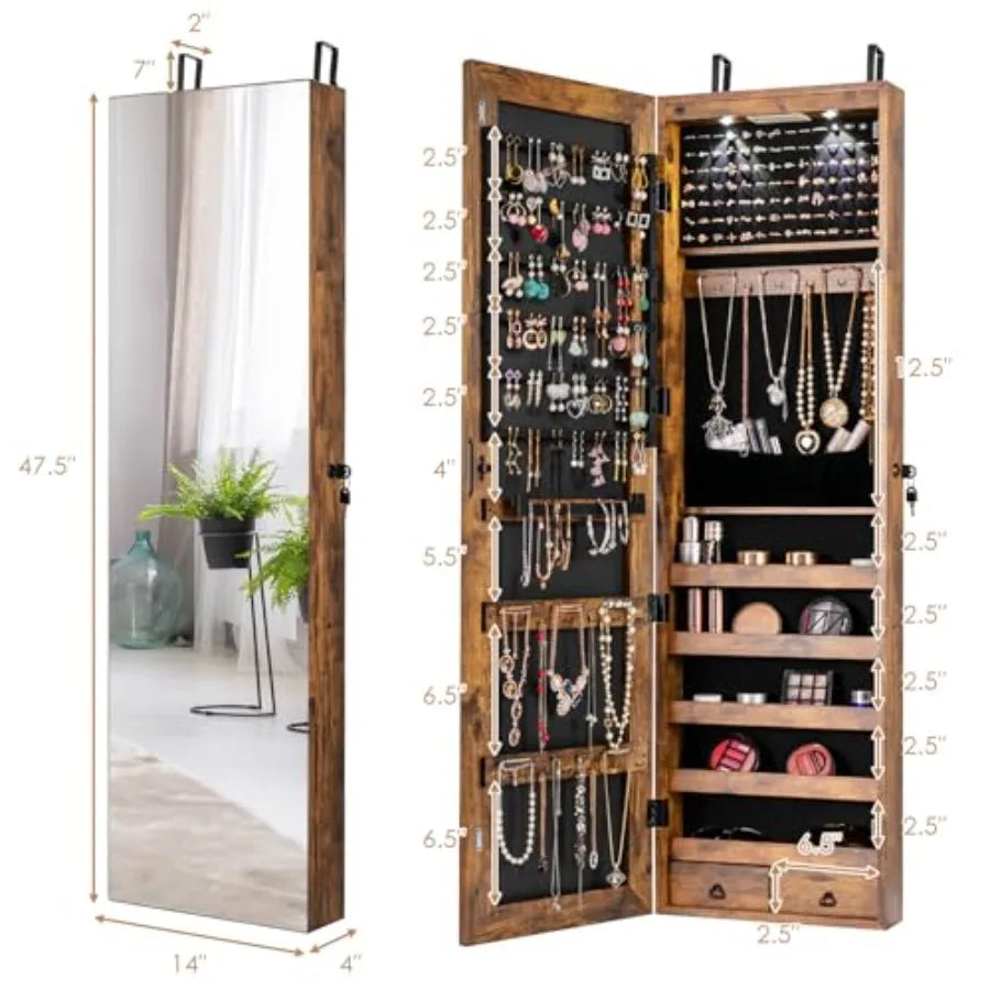 Jewelry Armoire Wall Door Mounted Hanging Jewelry Organizer w/Full-length Mirror 2 LED Lights and 2 Drawers Lockable Large Stor