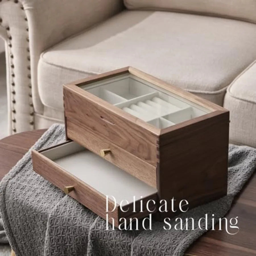 Black Walnut Wooden Jewelry Box - Allwood Handcrafted Glass Lid 2 drawer. Gift for Women Men and Girls. large Jewelry Organizer