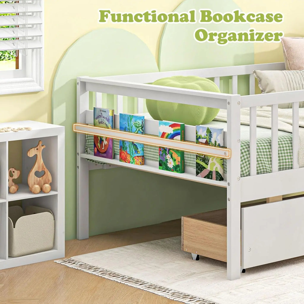 Twin Kids Bed with Storage Drawers, Wood Montessori Bed with Rails & Side Shelf, Low Daybed for Boys Girls, No Box Spring Needed