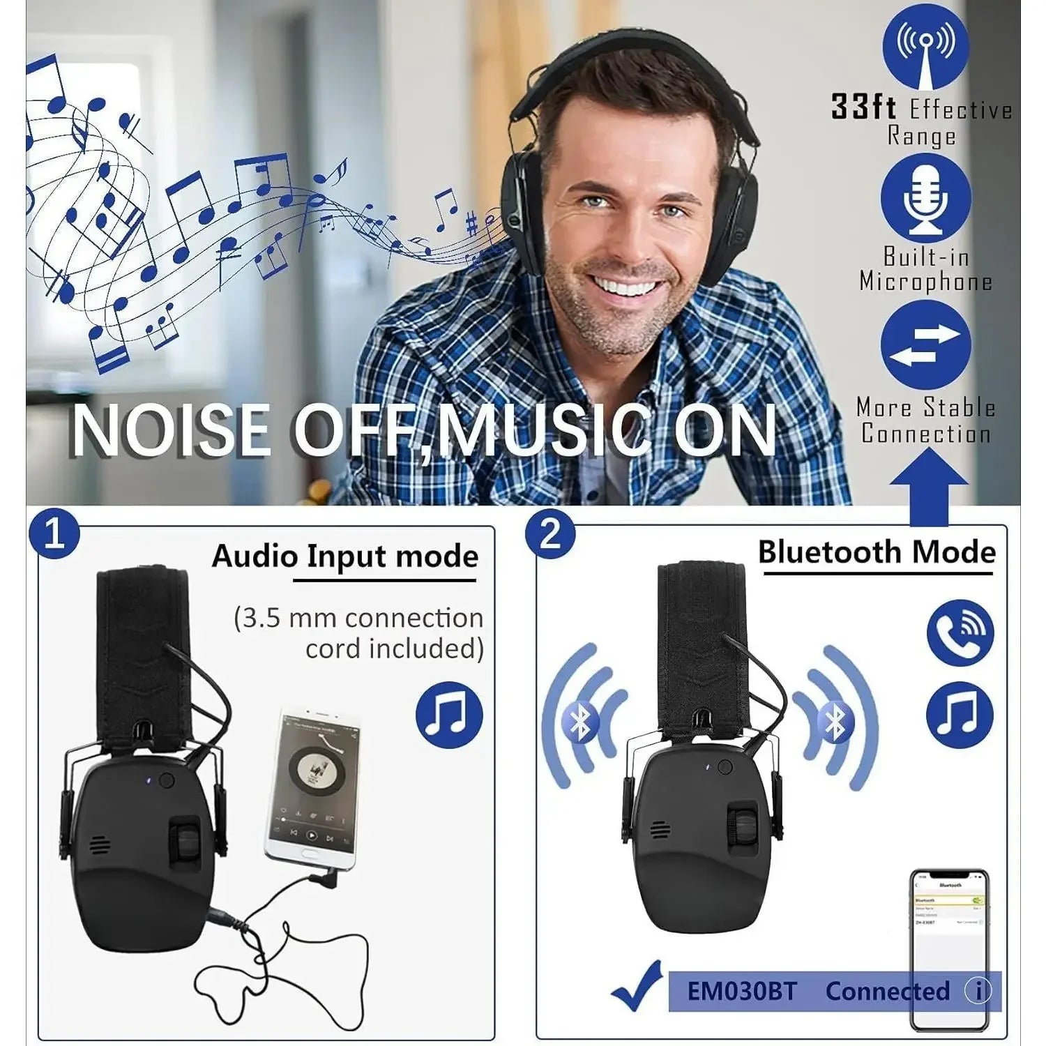 030 2 Pack Bluetooth 5.4 Electronic Shooting Ear Protection Earmuffs with Foam Ear Pads-Black