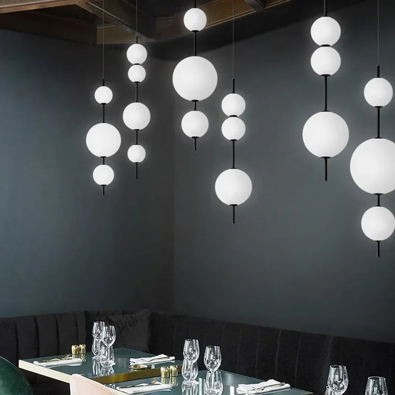 Modern Designer LED White Glass Beads Pendant Chandelier Cafe Bar Bedroom Kitchen Round Ball Hanging Lighting Fixture Home Decor