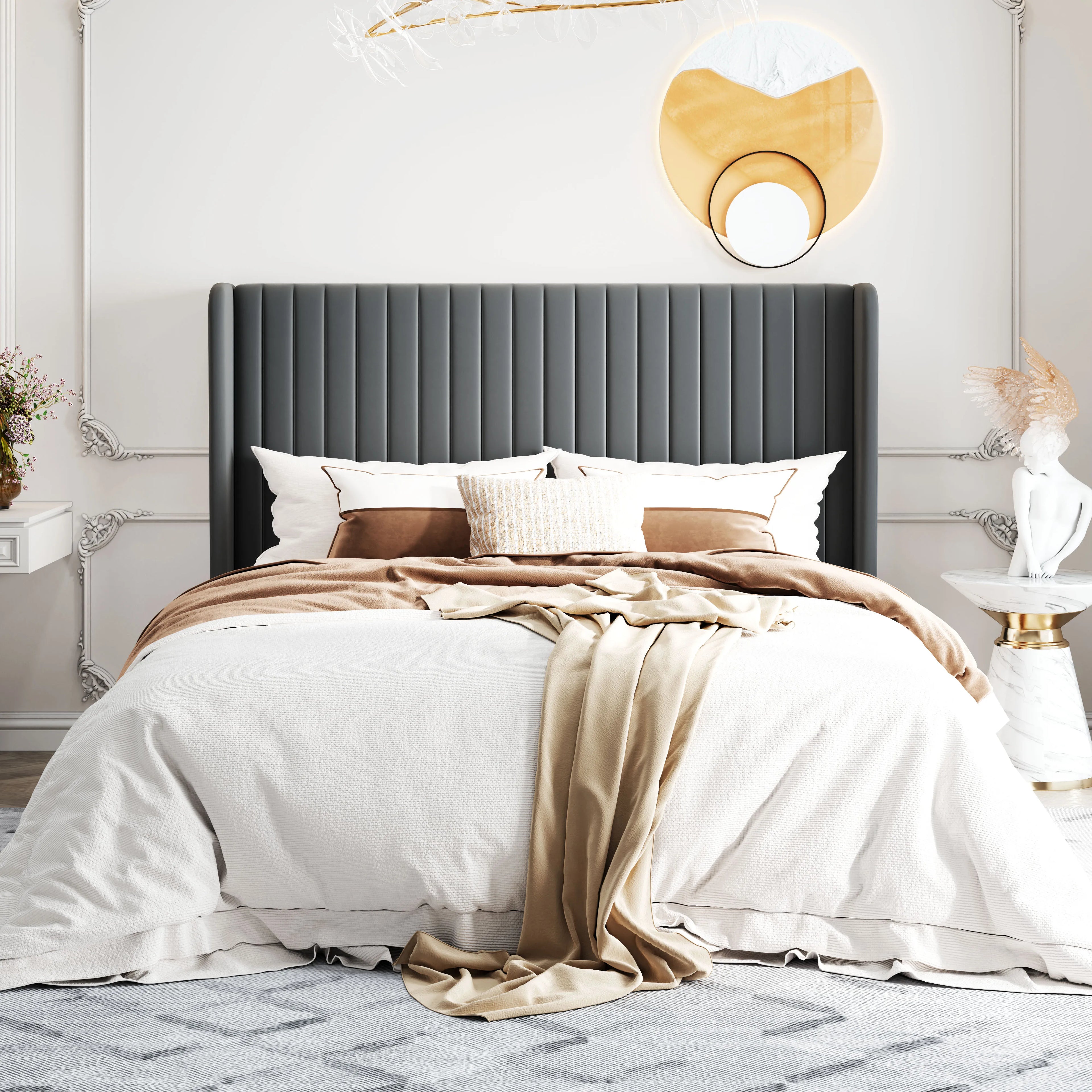 HOOMIC Velvet Upholstered Bed Frame, Vertical Channel Tufted Wingback Headboard, Wooden Slats Support Allewie