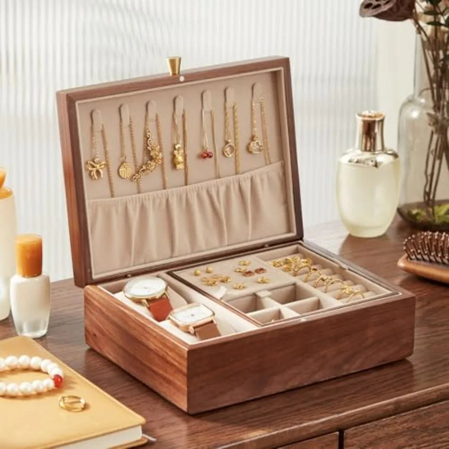 Black Walnut Wooden Jewelry Box for Women 2 Layer Jewelry Organizer with Removable Tray for Watches Rings Earrings Necklace Bra