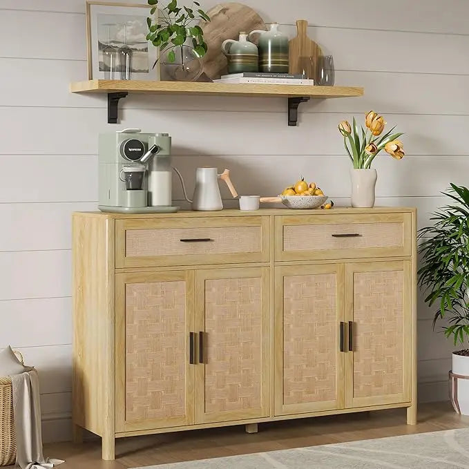 Sideboard with Storage, 55" Large Buffet Cabinet, Wood Coffee Bar, Storage for Kitchen, Dining, Living Room, Natural,Customized