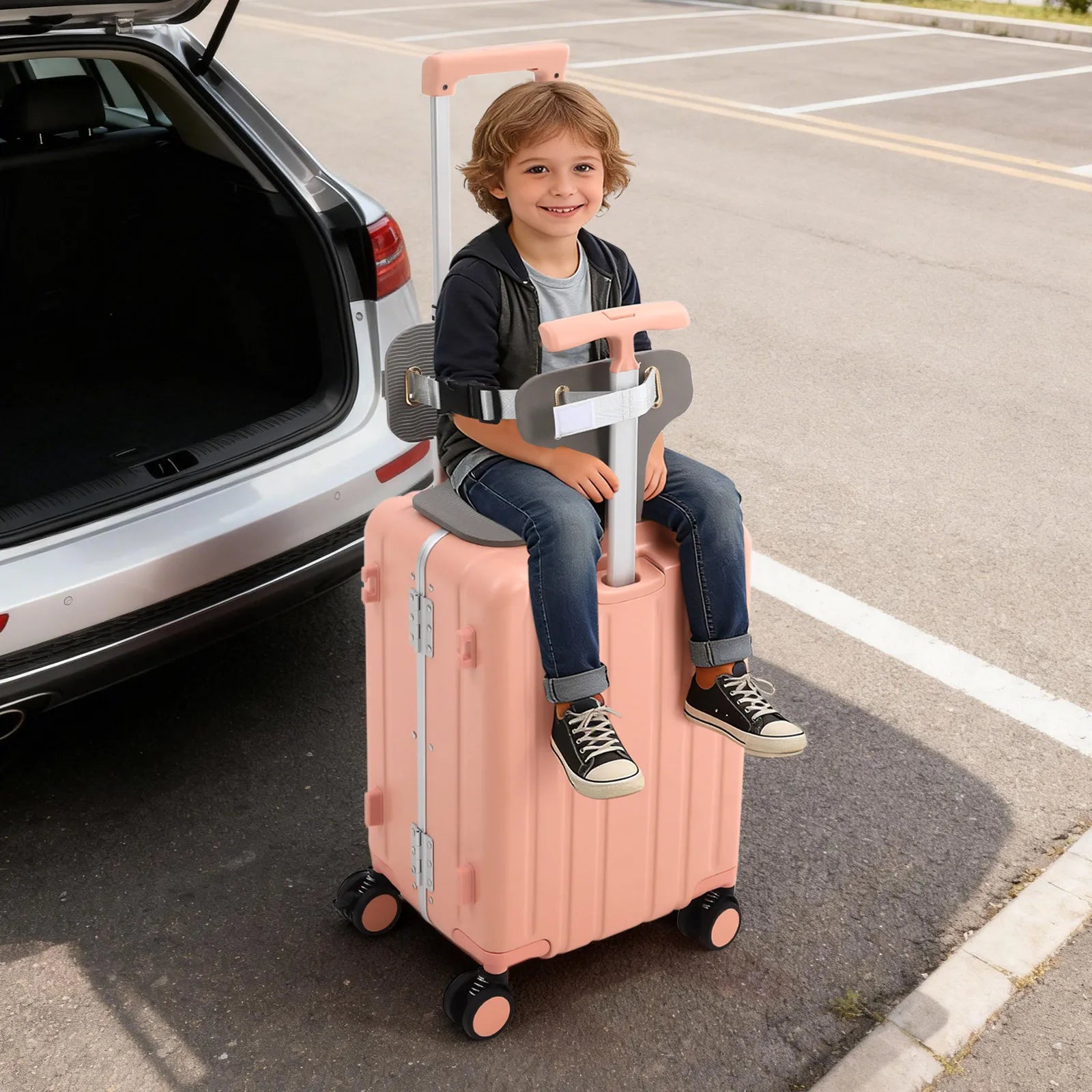 20'' Adjustable Double Handle Carry on Luggage, Protable Suitcase with Mesh Pocket, Ride on Luggage with Wheels & Tsa Lock