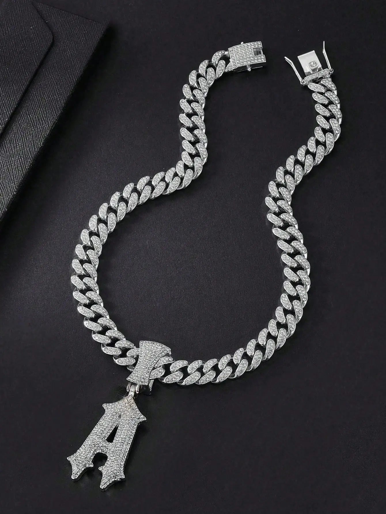 Iced Out Letter A Pendant Necklace with Miami Link Chain, Hip Hop Style Jewelry for Men and Women