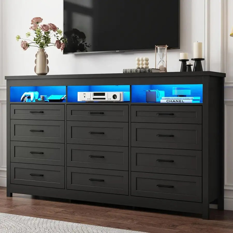 12 Drawer Dresser with LED Lights, 71 Wide Large Chest of Drawers for Bedroom, Modern Wood Dresser Storage Organizer with Charg