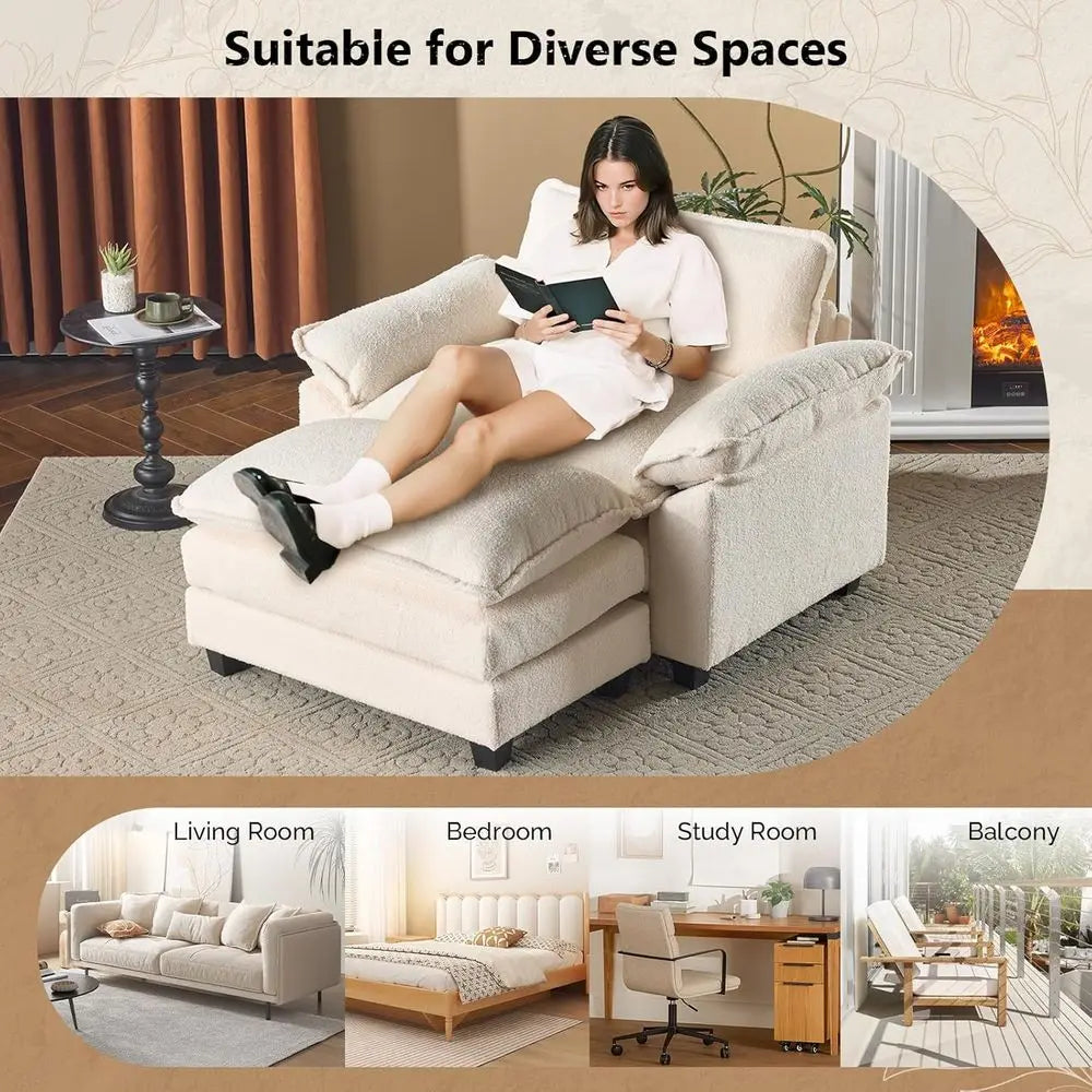 Luxurious Oversized Sofa with Ottoman, Cloud Comfort Chaise, and Sectional Sleeper Couch in Beige Teddy-Fleece