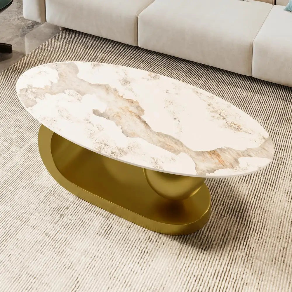 Modern Oval Sintered Stone Coffee Table White Marble Pattern with Gold Stainless Steel Base 47.2 Inch Living Room Furniture