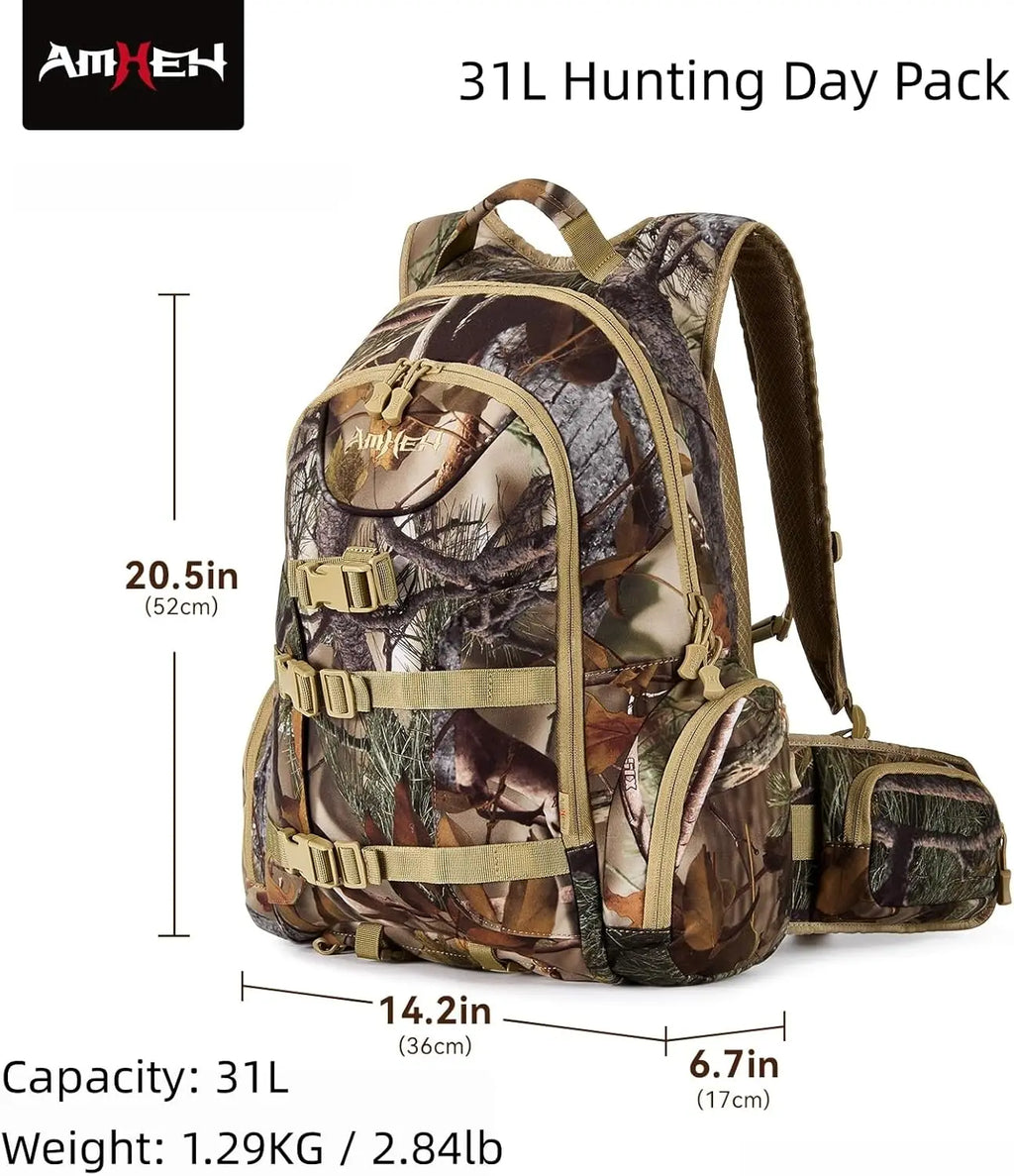 Hunting Backpack with Rifle Bow Holder 31L - Silent Anti Glare Hunt Day Pack with Quick Access, One Size Fits Most Camo
