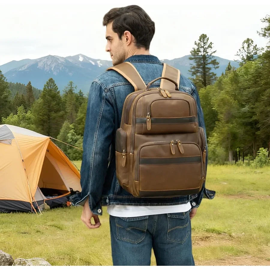Men's Vintage Leather Backpack 15.6" Laptop Bag Large Capacity Business Travel Hiking Shoulder Daypacks