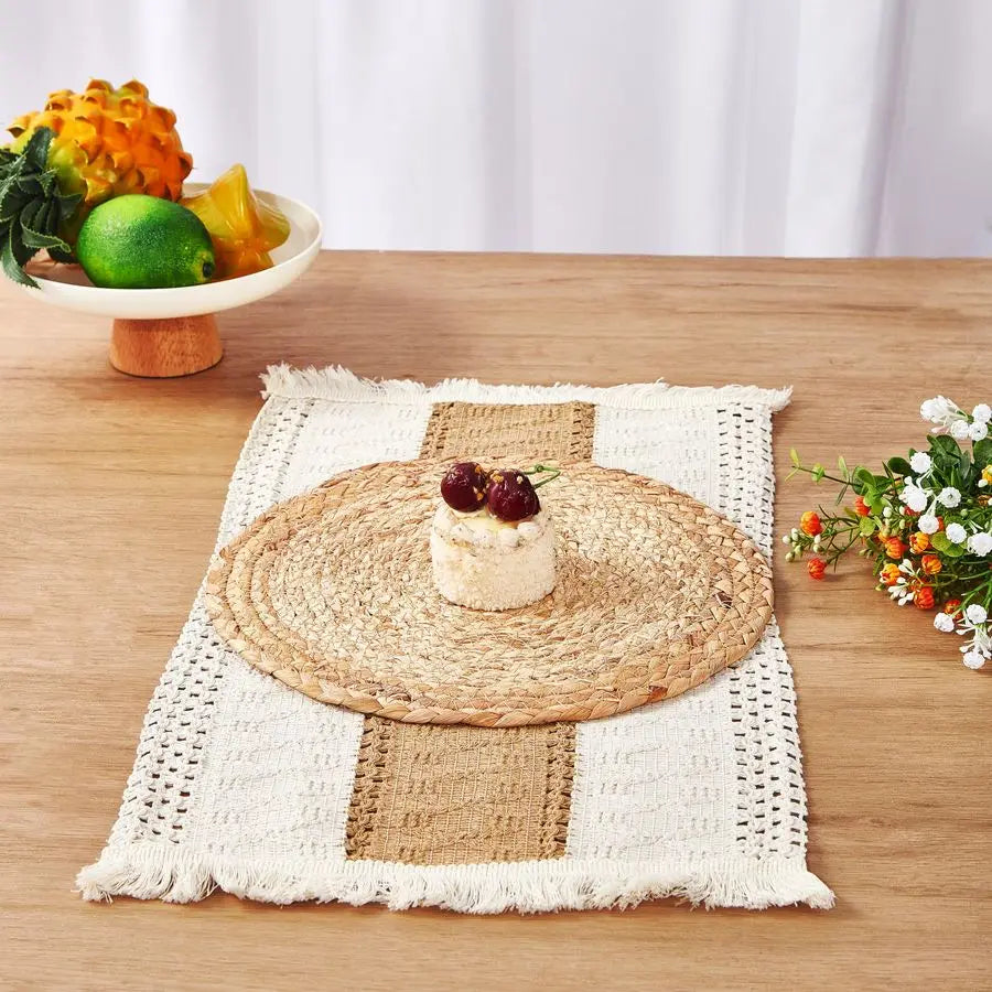 Boho Placemats Set of 13 PCS Handmade Grass Woven Meal Mats and Natural Cotton Linen Burlap, with 1 Macrame Burlap Table Runner