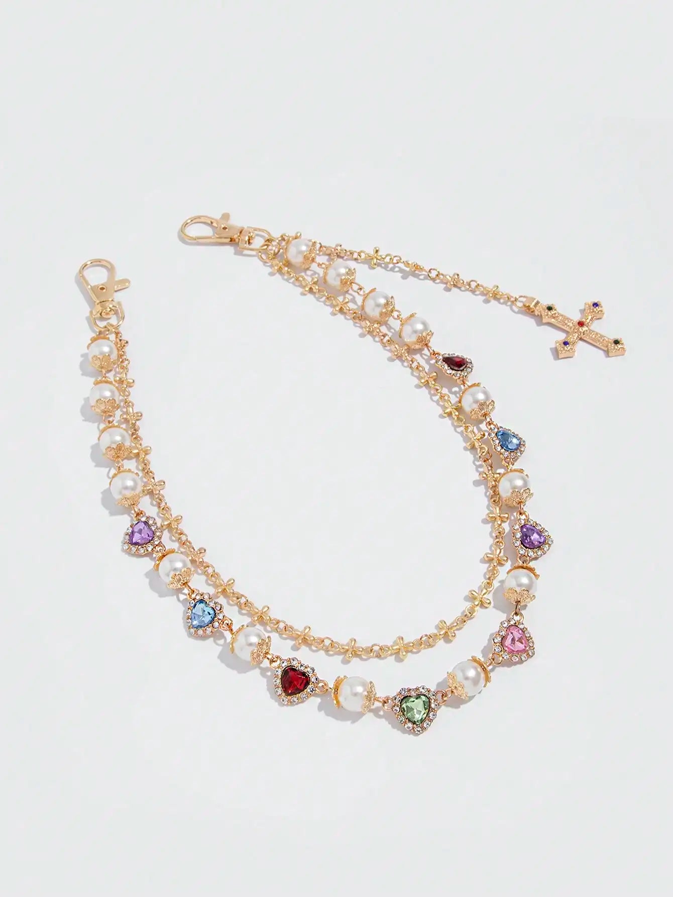 Vintage Punk Hip Hop Pants Chain with Cross, Faux Pearls & Multi-Color Crystals for Men Women