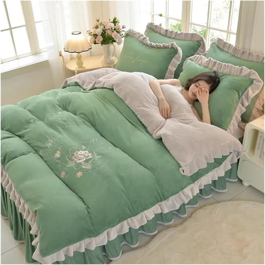 Cozy Warm Dark Grey Duvet Cover Set Anti-Static 4 Pieces Winter Bedding Set with Comforter Fitted Sheet Pillow Shams Green 2M B