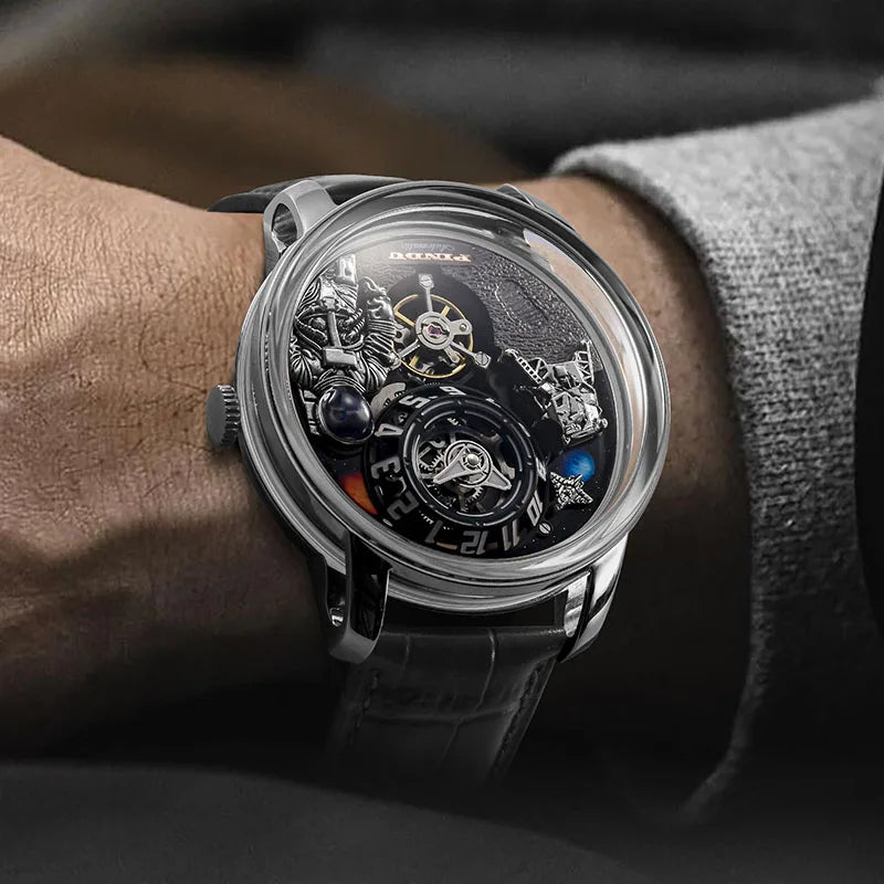 PINDU Watch Men Mechanical Watches W2101B Space Dial Astronaut Space Station Luminous Waterproof Men Watch Leather Strap P6630