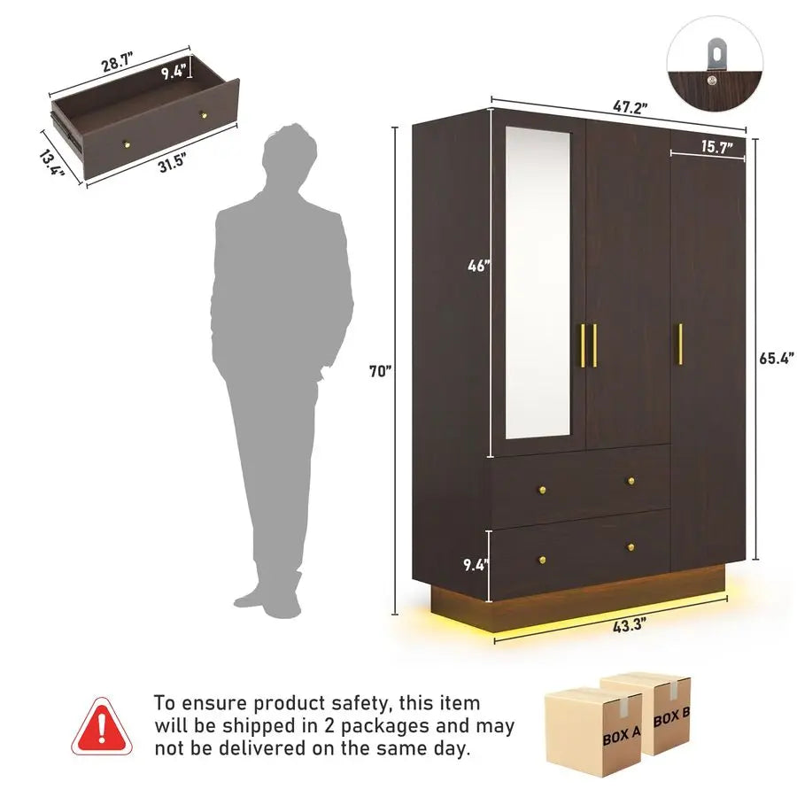 Doors Armoire Wardrobe Closet with Mirror, LED Armoire with Doors and Drawers, Wooden Wardrobe Storage Cabinet with Hanging Rod