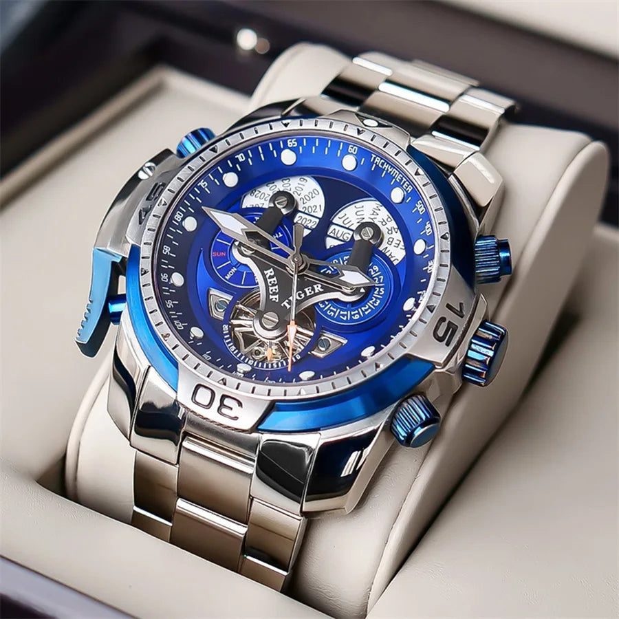 【REEF TIGER】 Men's watch: The weight king mechanical watch, luminous King fully automatic watch, skeletonized large dial men's w