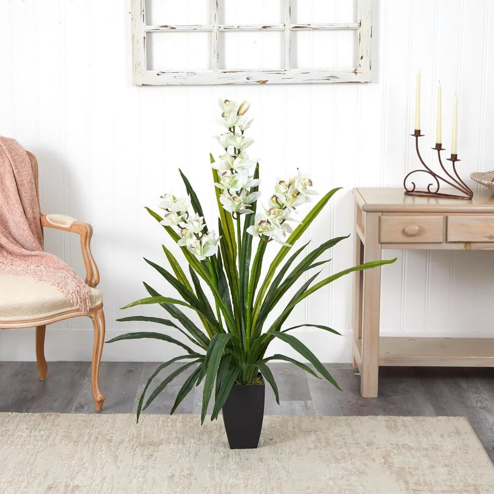 45in Artificial Cymbidium Orchid Plant with White Blossoms - Realistic Home Decor for Living Room Entryway