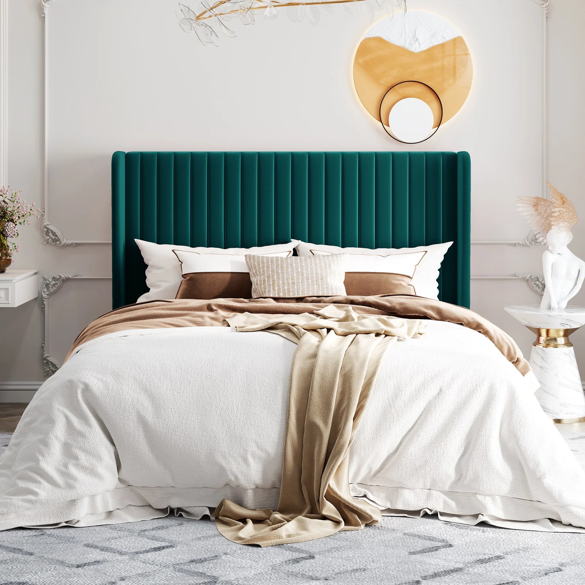 HOOMIC Velvet Upholstered Bed Frame, Vertical Channel Tufted Wingback Headboard, Wooden Slats Support Allewie