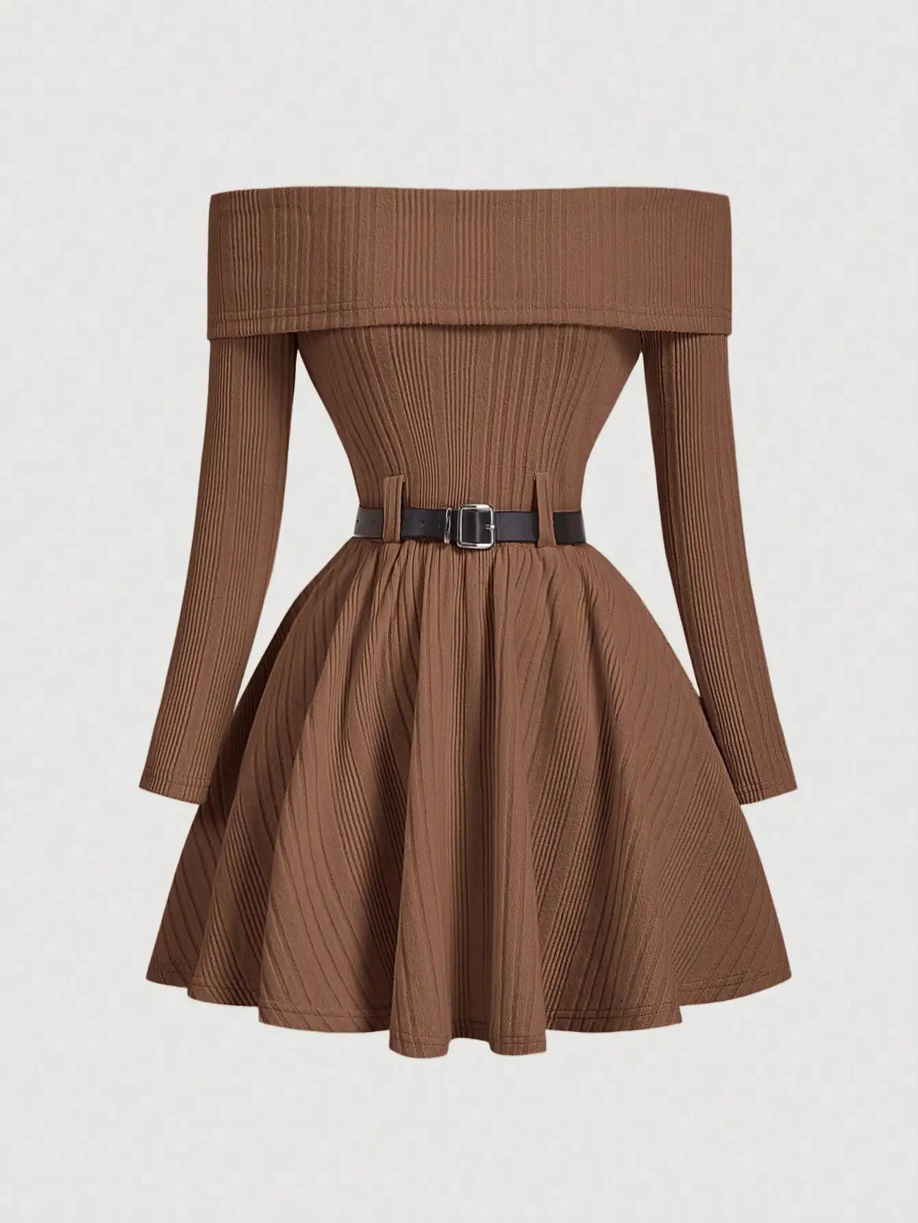 White Off-Shoulder Long Sleeve Knit Dress with Belted Waist and Flared Skirt