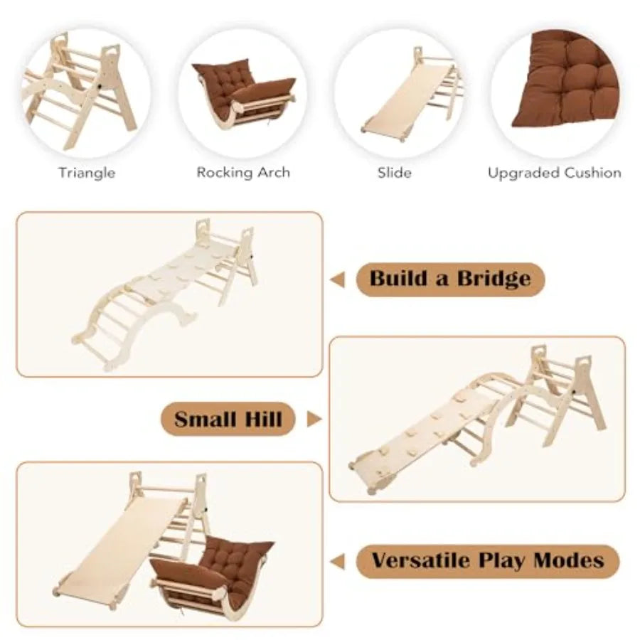 Large Foldable Toddler Climbing Toys Indoor Jungle Gym Pikler Triangle Set with Cushion S-lide and Arch 7-in-1 Montess