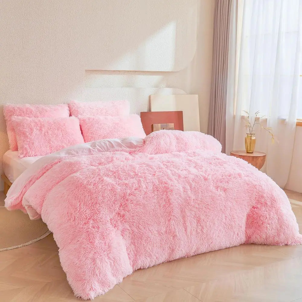 Luxurious Pink Faux Fur Duvet Set with 2 Pillowcases, King Size, Zippered Closure