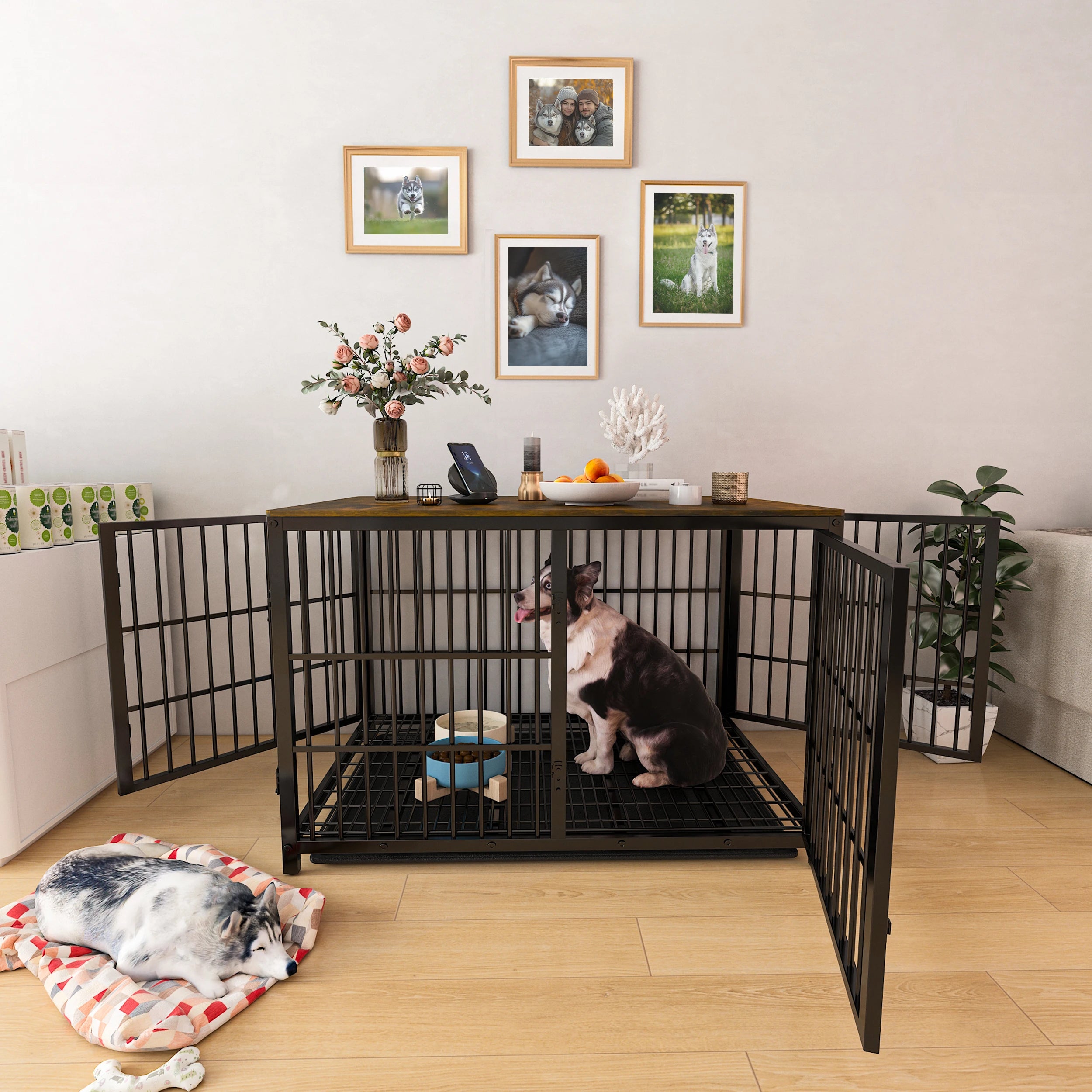 Furniture Style Dog Cage Extra Large Wooden Pet Kennel End Side Table with Tray and 3 Doors for Medium to Large Dogs