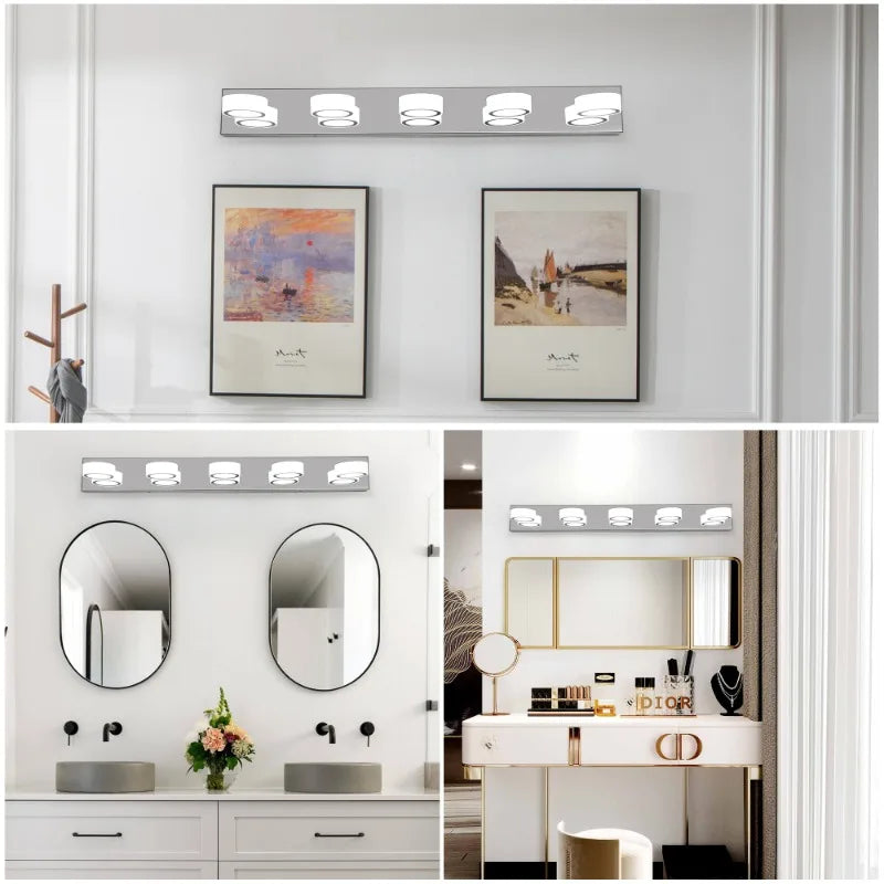 37" Modern Minimalist 5-Light LED Vanity Light Chrome Energy-Efficient Bathroom Decor Wall Sconce