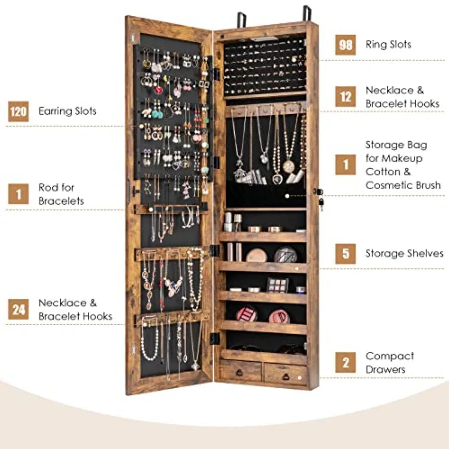 Jewelry Armoire Wall Door Mounted Hanging Jewelry Organizer w/Full-length Mirror 2 LED Lights and 2 Drawers Lockable Large Stor