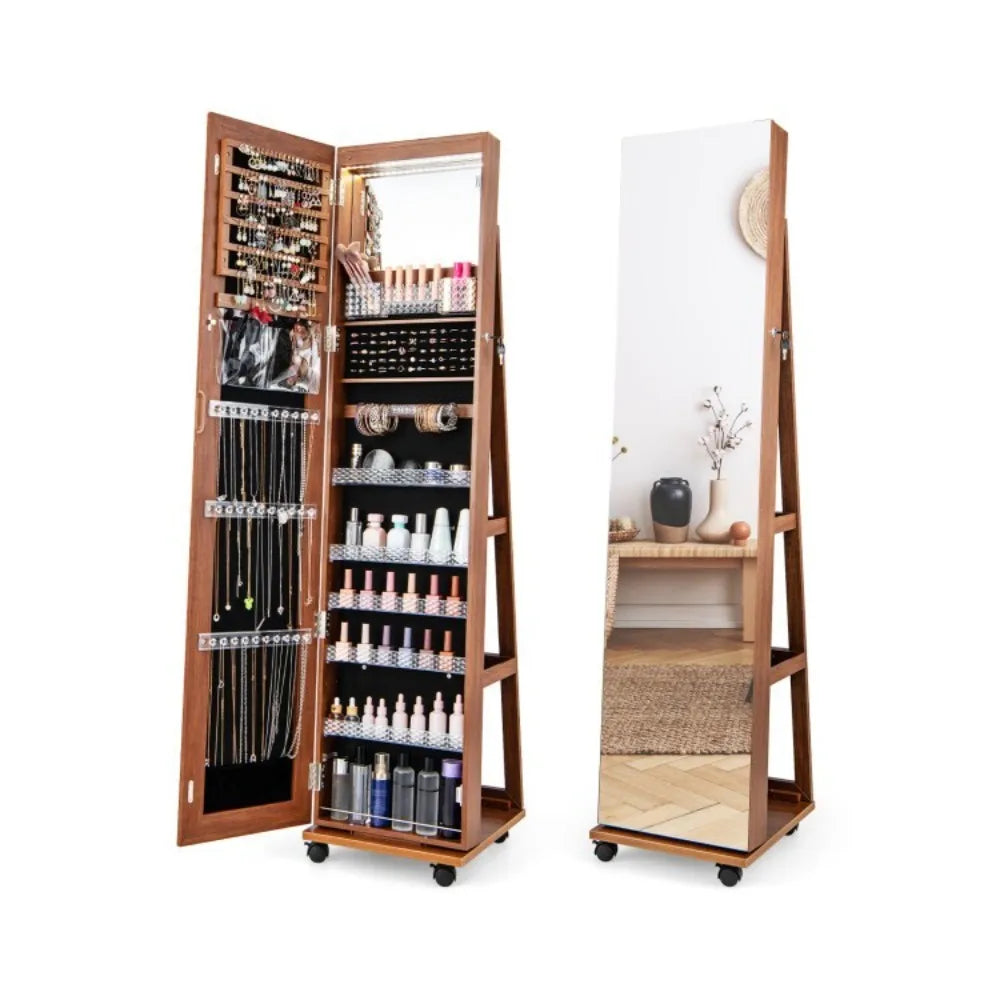 64"Jewelry Cabinet Lockable Armoire Storage Organizer w/ Built-in Makeup Mirror