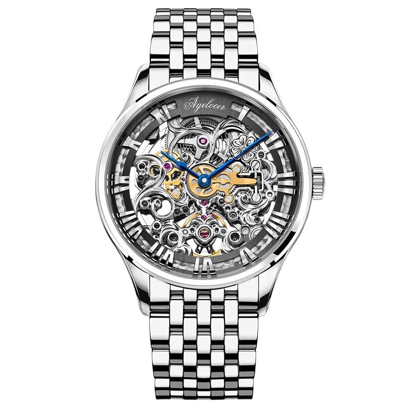 AGELOCER Original Baroque Art Carved Watch Steel Strap Men's Hollow Carved Automatic Mechanical Watch Birthday Gift for Men
