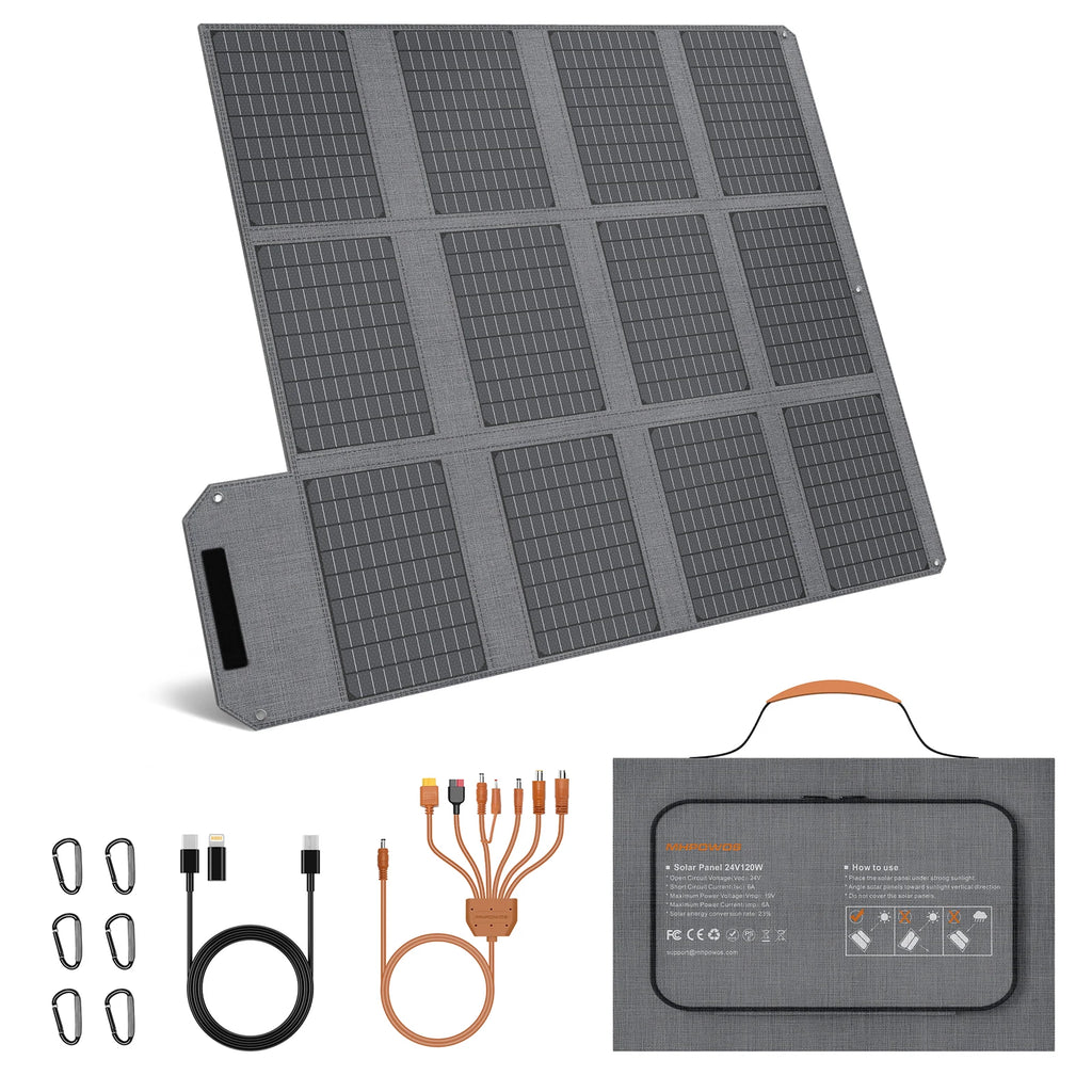 MHPOWOS 120W Foldable Solar Panel, Outdoor Emergency Backup Power Supply with USB-C/2xUSB-A/DC Outputs for Iphone Powerbank RV