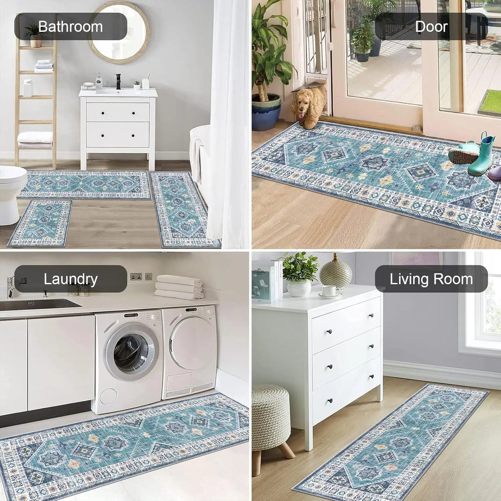 Boho Kitchen Rug Set with Runner, Non-Slip Washable Floor Mats for Hallway and Laundry, Holiday Decor